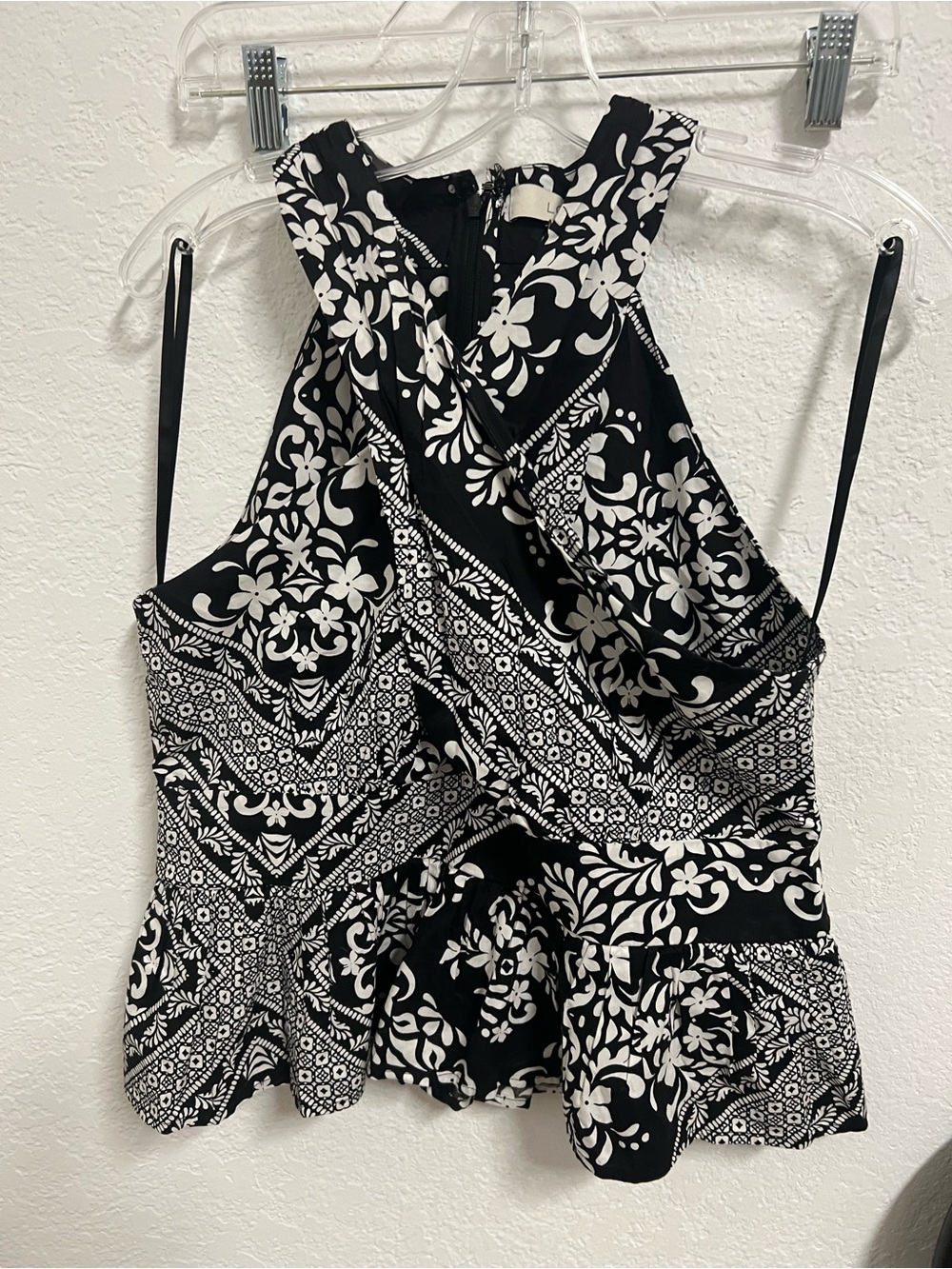LOFT Black and White Printed Halter peplum cross neck top